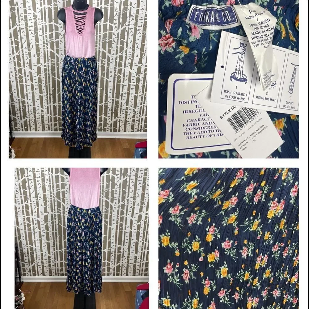 NEW Boho Navy Blue Floral Print Broomstick Maxi Skirt sz M